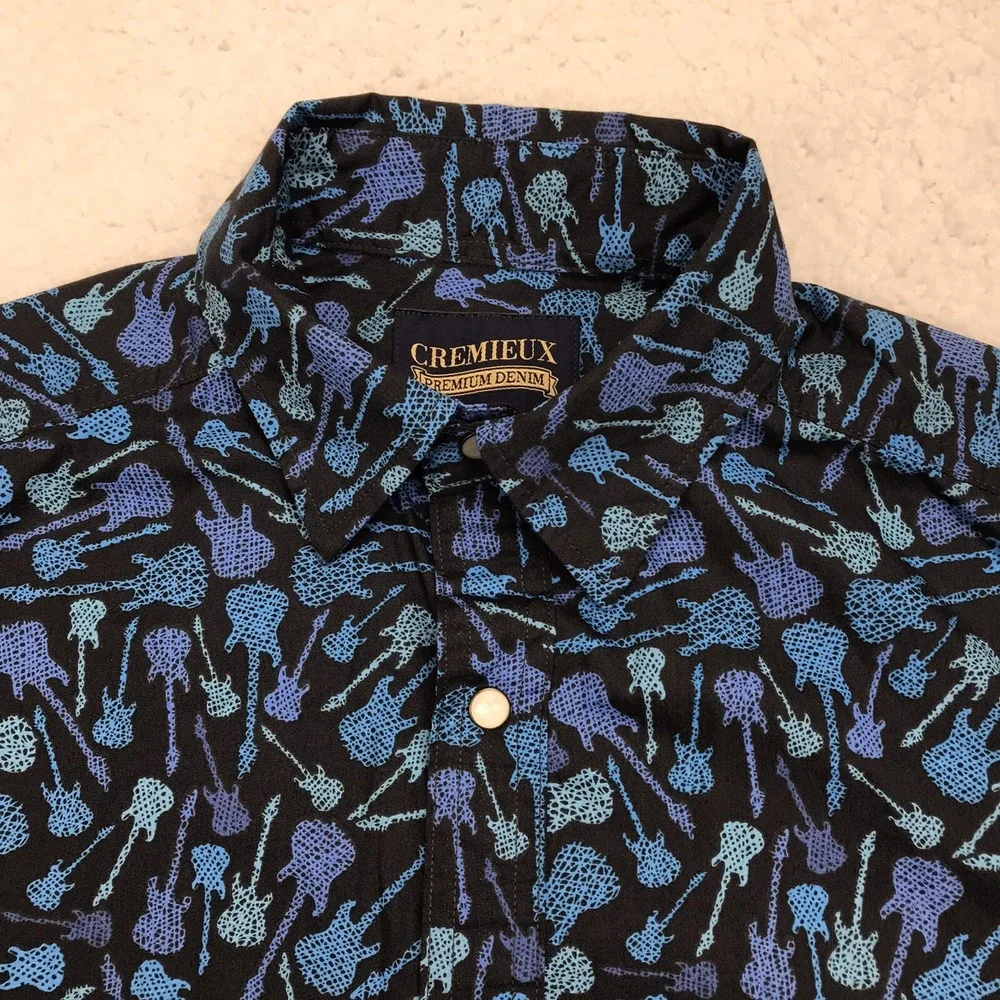 VTG Cremieux Premium Button Shirt Mens SMALL Guitars Black Blue Short Sleeve Y2K